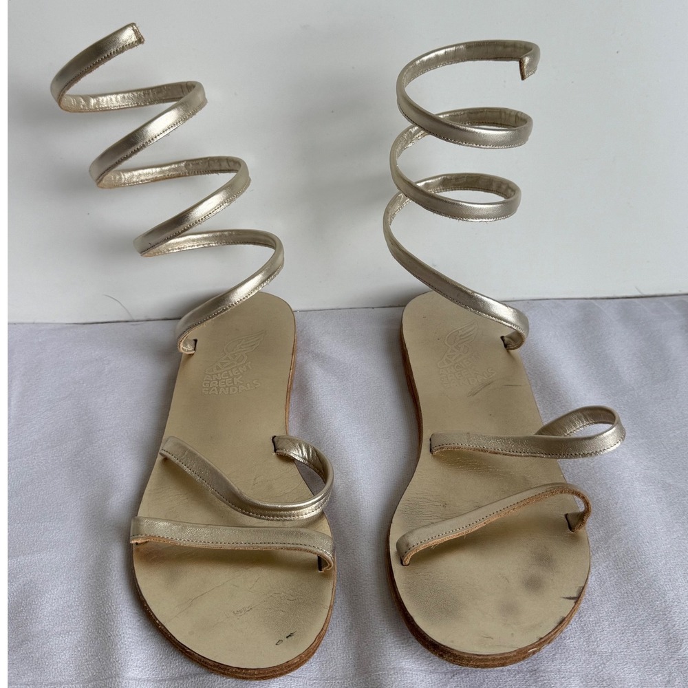 Ancient Greek Sandals Ofis Gold Metallic Spiral Gladiator Wrap Sandals EU‎ 38